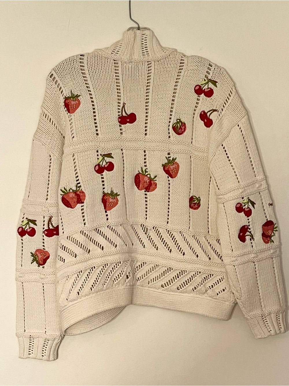 Anthropologie Maeve Cream Open-Knit Cardigan with Strawberry Embroidery - Picture 4 of 9